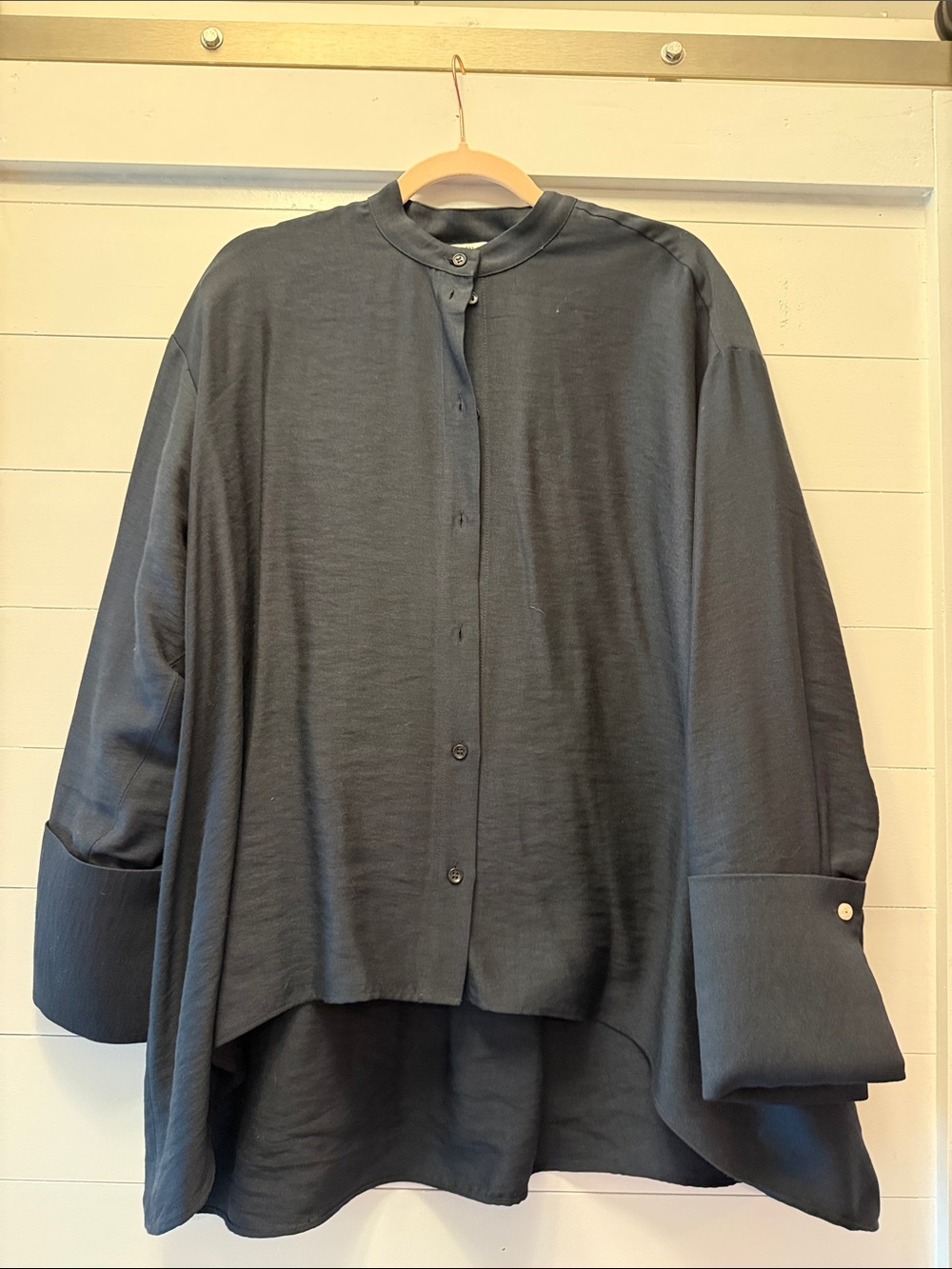 Zara Black High-Low Button-Front Mandarin Collar Shirt